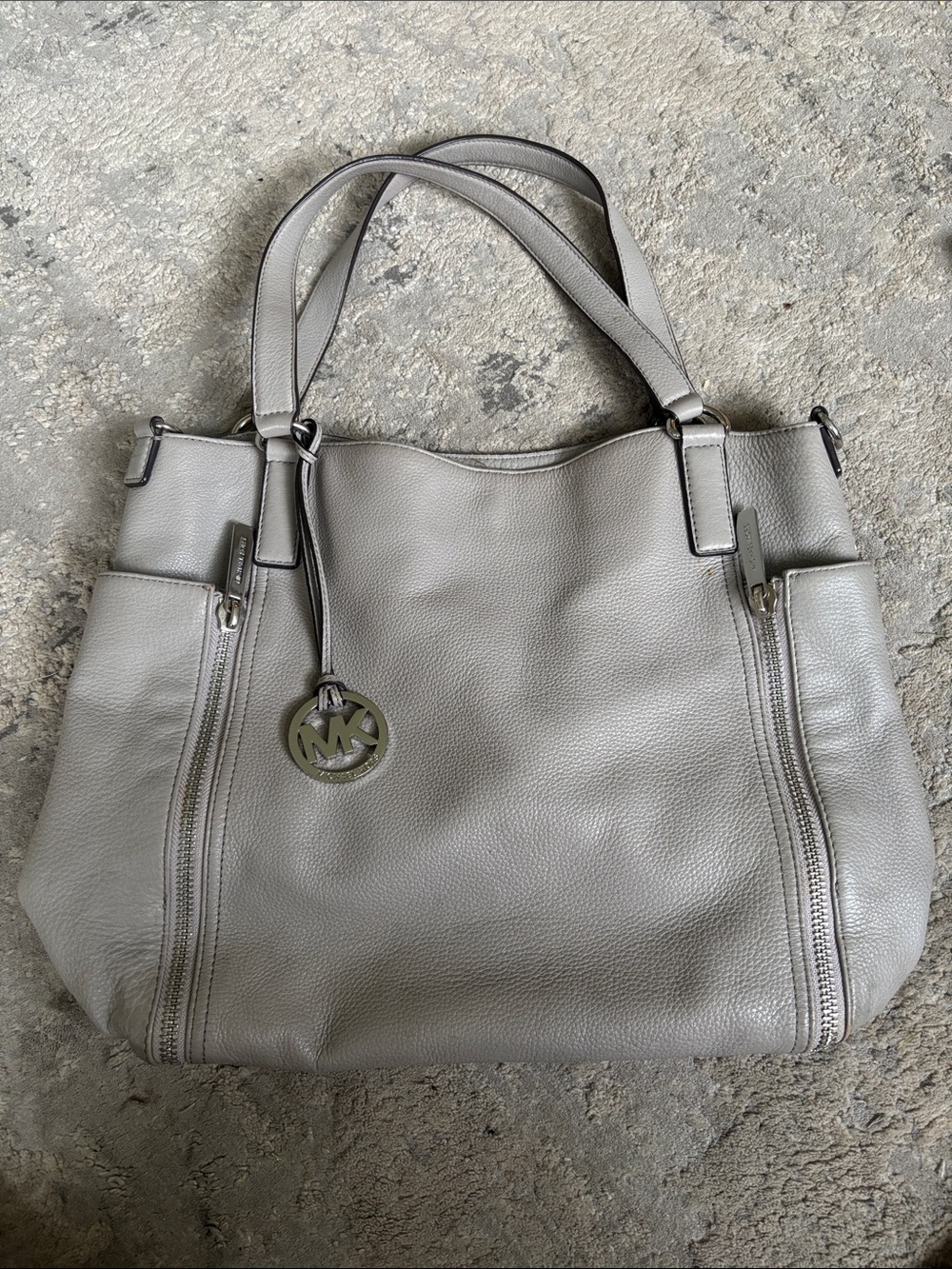 Michael Kors Light Gray Pebbled Leather Shoulder Tote with MK Charm